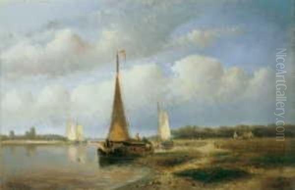 Hollandische Flusslandschaft Mit Fischerbooten Oil Painting by Hendrik Hulk