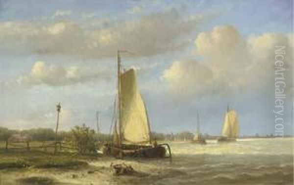 Sailing Barges On A River; Vessels On A Calm River Oil Painting by Hendrik Hulk