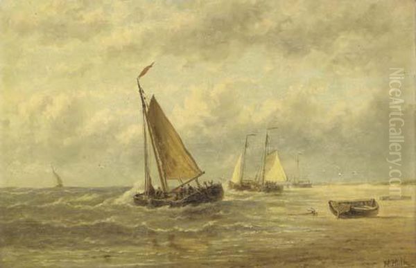 A Beach With Anchored Fishing Boats And Fishermen Oil Painting by Hendrik Hulk