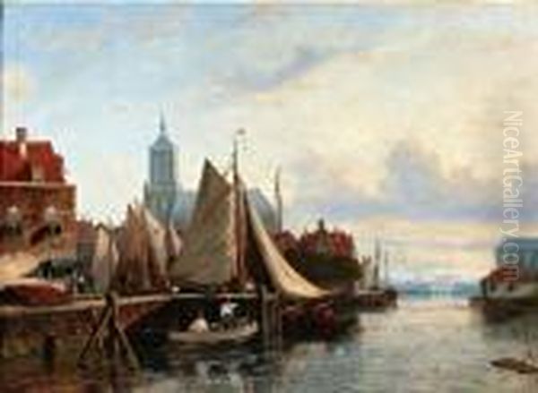 Stadsgezicht Haarlem Met Figuren En Boten Aan De Kade Van Het Spaarne Oil Painting by Johannes Frederik Hulk, Snr.