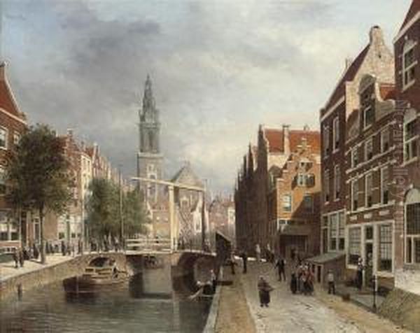 On A Canal, Amsterdam Oil Painting by Johannes Frederik Hulk, Snr.