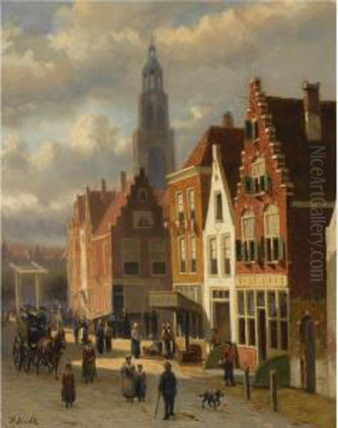 Many Figures In The Streets Of A Dutch Town Oil Painting by Johannes Frederik Hulk, Snr.