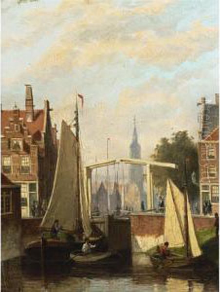 Boats On A Canal In A Dutch Town Oil Painting by Johannes Frederik Hulk, Snr.