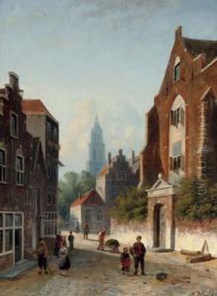 Daily Activities On A Sunlit Street Oil Painting by Johannes Frederik Hulk, Snr.