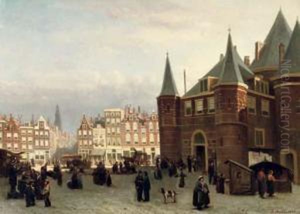 Marketday Outside The Waag On The Nieuwmarkt, Amsterdam Oil Painting by Johannes Frederik Hulk, Snr.