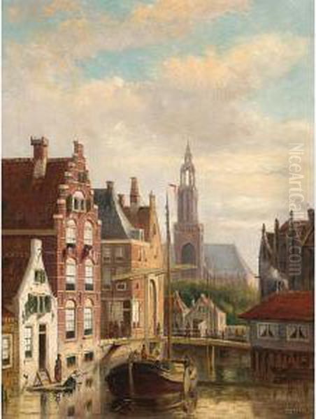 A Townview With A Barge On The Canal Oil Painting by Johannes Frederik Hulk, Snr.