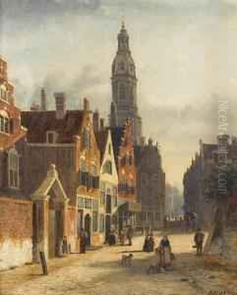 A Busy Dutch Street Oil Painting by Johannes Frederik Hulk, Snr.