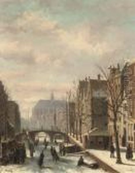 Skating On A Dutch Canal Oil Painting by Johannes Frederik Hulk, Snr.