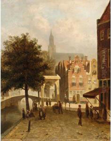 Villagers In The Streets Of A Dutch Town Oil Painting by Johannes Frederik Hulk, Snr.