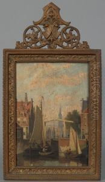 Canal Scene Oil Painting by Johannes Frederik Hulk, Snr.