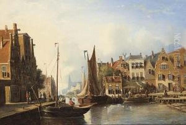 Busy Canal In A Dutch Town Oil Painting by Johannes Frederik Hulk, Snr.