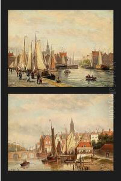 Two Views Of Ships In The Harbour Of A Dutch Town (a Pair) Oil Painting by Johannes Frederik Hulk, Snr.