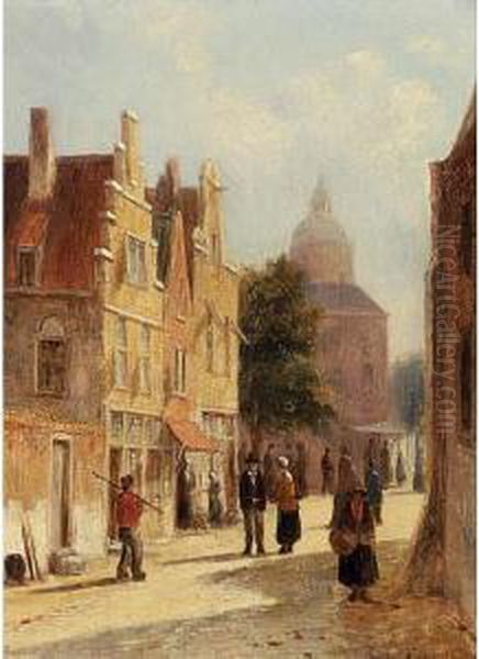 Figures In A Sunlit Dutch Town Oil Painting by Johannes Frederik Hulk, Snr.