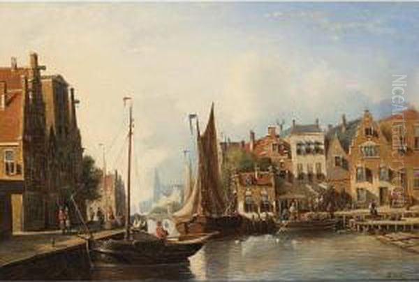 A Busy Canal In A Dutch Town Oil Painting by Johannes Frederik Hulk, Snr.