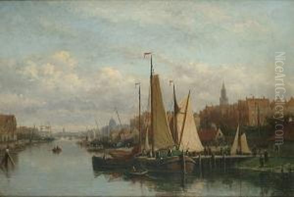 An Extensive View Of A Dutch 
Town On A River, Figures Unloading A Barge In The Foreground Oil Painting by Johannes Frederik Hulk, Snr.