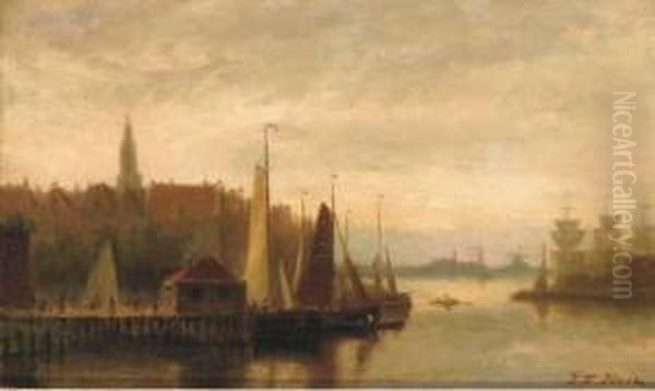 View Of A Harbour Town At Dusk Oil Painting by Johannes Frederik Hulk, Snr.