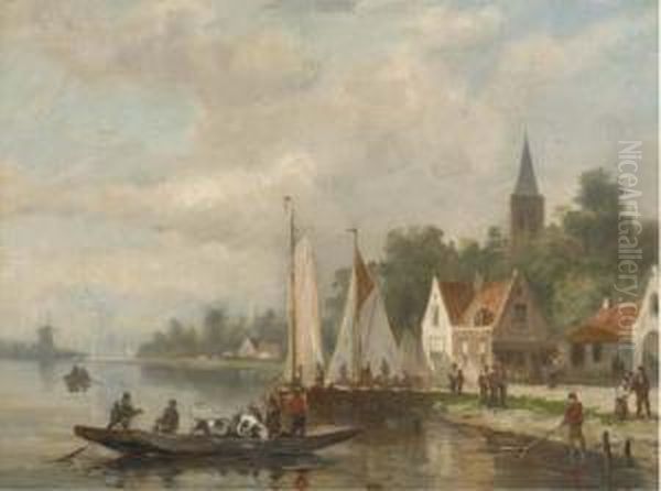 A Cattle Ferry On A River By A Village Oil Painting by Johannes Frederik Hulk, Snr.