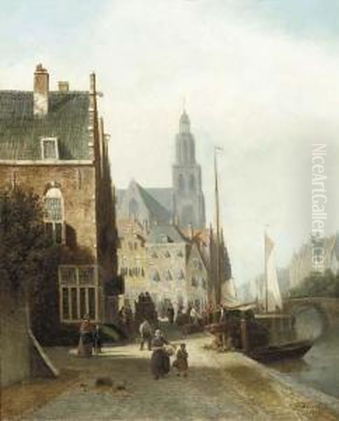 Daily Activities Along A Dutch Canal Oil Painting by Johannes Frederik Hulk, Snr.