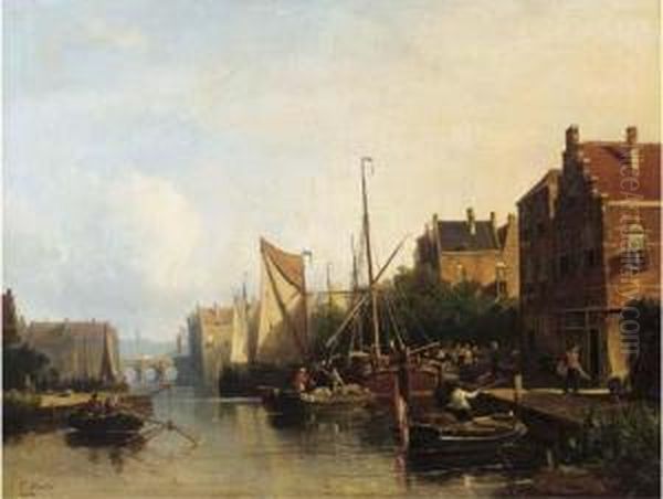 Harbour Activities On A Summer Day Oil Painting by Johannes Frederik Hulk, Snr.