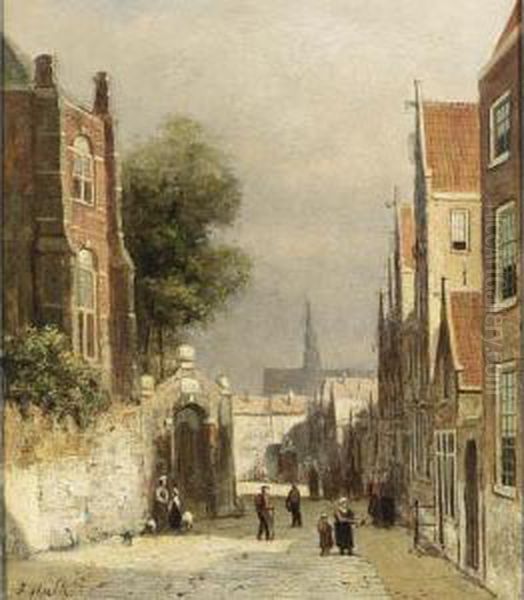 A Street Scene In Haarlem, The St Bavo Church In The Background Oil Painting by Johannes Frederik Hulk, Snr.