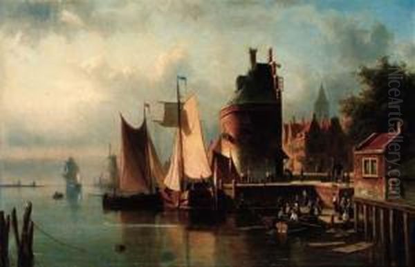 Unloading Ships At A Dutch Port Oil Painting by Johannes Frederik Hulk, Snr.