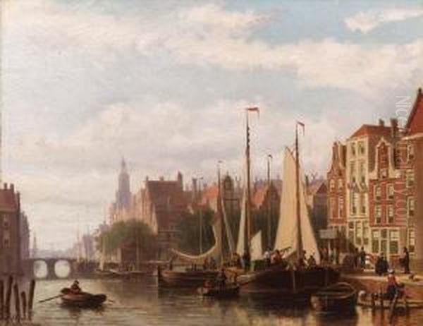 A Busy Day On The Canal Oil Painting by Johannes Frederik Hulk, Snr.