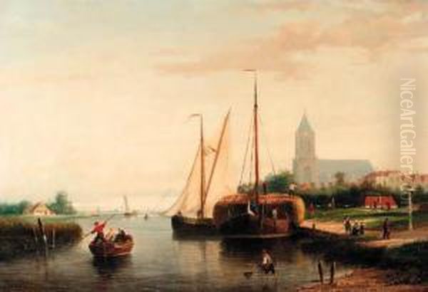 A Moored Haybarge And Other 
Shipping By A Bleach-field, In Theharbour Of Monninckendam (?) Oil Painting by Johannes Frederik Hulk, Snr.