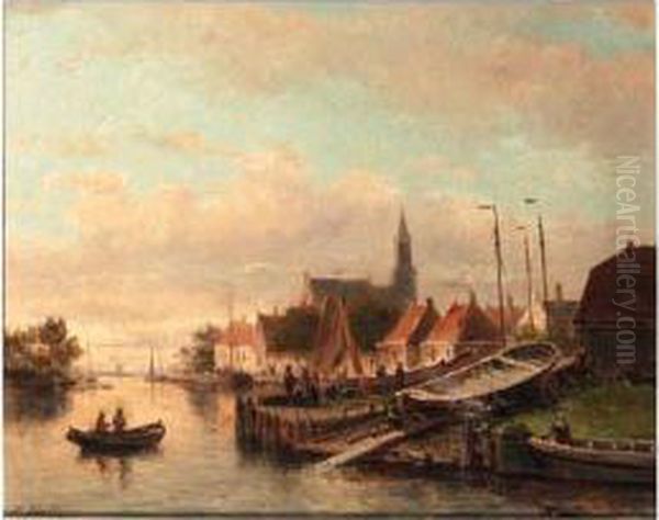 A View Of A Town With A Shipyard Along A Quay Oil Painting by Johannes Frederik Hulk, Snr.