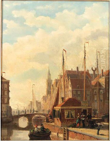 A View Of Meppel With Figures Standing Near A Tollhouse Oil Painting by Johannes Frederik Hulk, Snr.