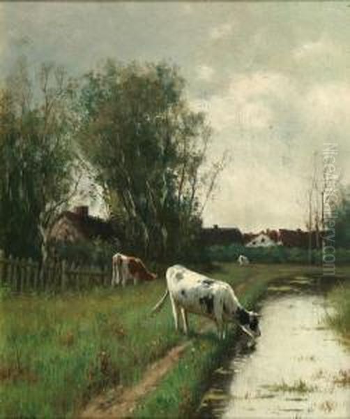 Cattle By A River With Cottages Beyond Oil Painting by William Frederick Hulk