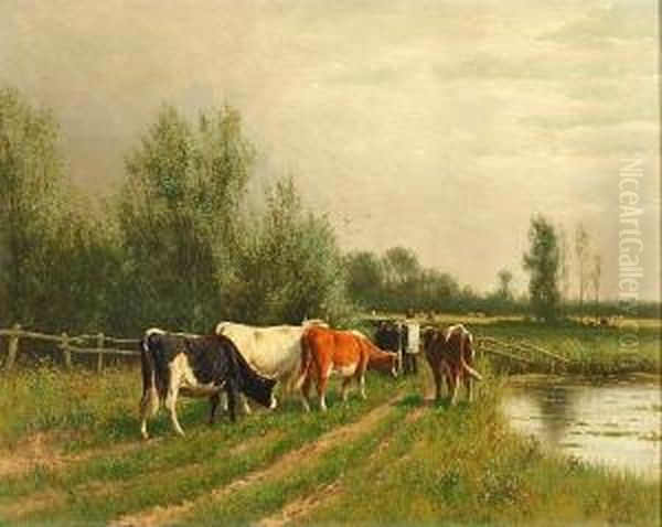 Cattle And Drover On A Riverside Path Oil Painting by William Frederick Hulk