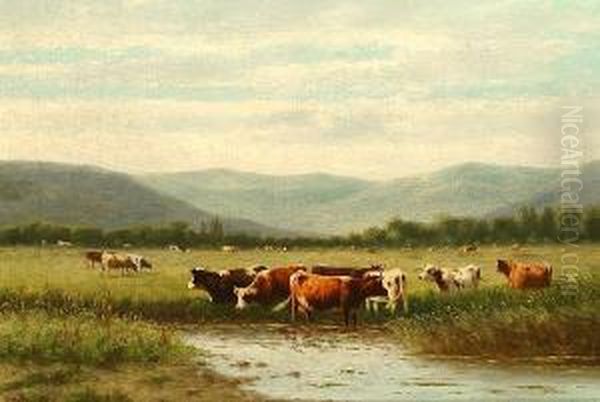 Cattle Watering; Ducks On A Pond By A Farmstead Oil Painting by William Frederick Hulk