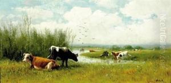 Cows At Watering Oil Painting by William Frederick Hulk