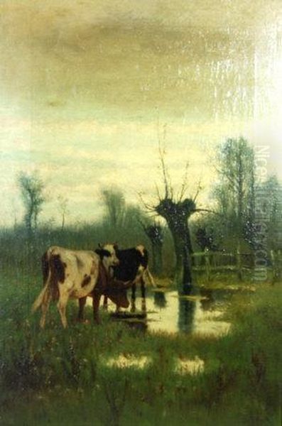 Cattle Grazing In A Water Meadow Oil Painting by William Frederick Hulk