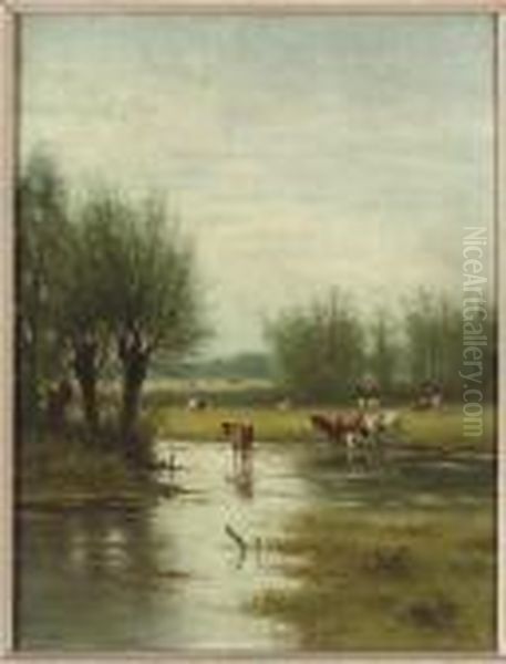 Cattle Watering In A Flooded Field; And A Herder Driving His Cattle Through The Snow Oil Painting by William Frederick Hulk