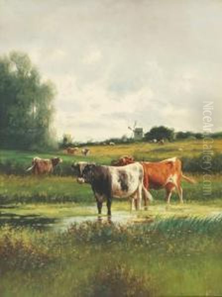 Cattle At A Pond Oil Painting by William Frederick Hulk