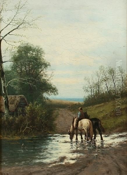 Cattle In A Watermeadow, And Another, Farmhorses Returning From The Fields, A Pair Oil Painting by William Frederick Hulk