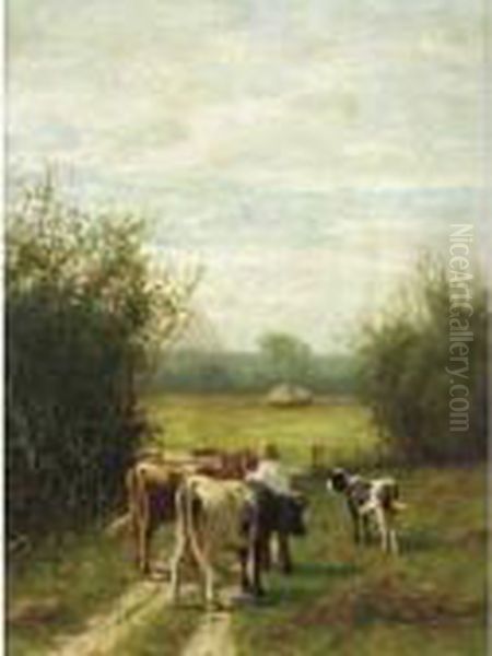 Herding Cattle; Watering By A Stream Oil Painting by William Frederick Hulk