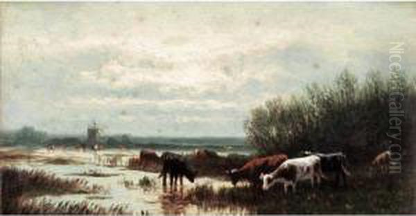 Cattle Watering; Cattle With Windmill Oil Painting by William Frederick Hulk