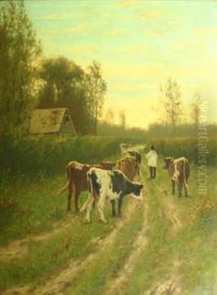 Drovingcattle On A Rural Track Oil Painting by William Frederick Hulk