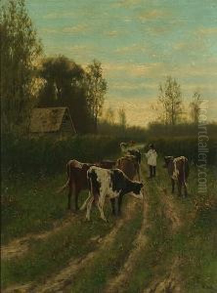 Cattle And A Herdsman On A Country Lane Oil Painting by William Frederick Hulk