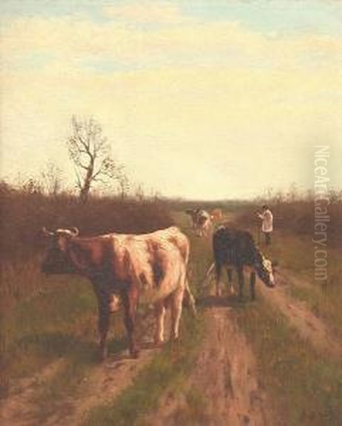 A Drover And Cattle On A Country Road Oil Painting by William Frederick Hulk