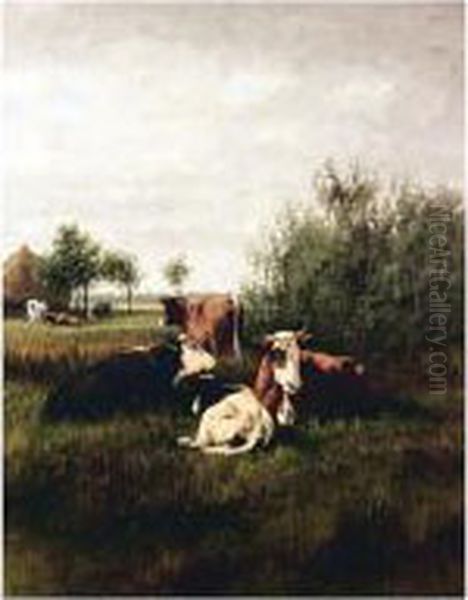 Cattle Resting In A Meadow Oil Painting by William Frederick Hulk