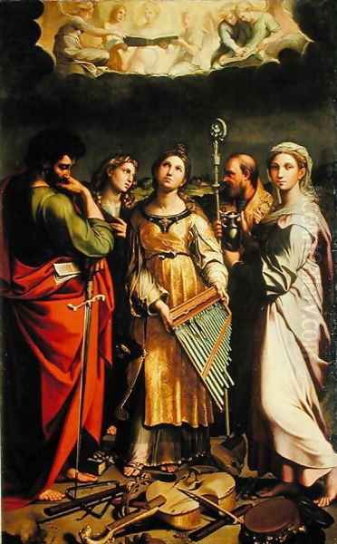 St. Cecilia surrounded by St. Paul, St. John the Evangelist, St. Augustine and Mary Magdalene, after Raphael Oil Painting by Claude Andrew Calthrop