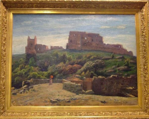 Kvinna Med Parasoll, Hammershus, Bornholm. Oil Painting by Oscar Hullgren