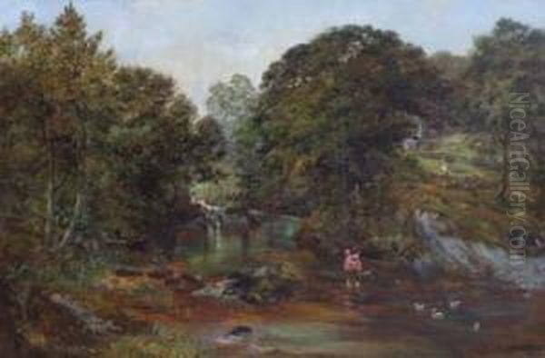 Wooded Landscape Withchildren Crossing A Stream, Signed And Dated 1866 Oil Painting by Frederick William Hulme