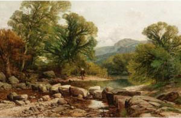 Fishing On The River Glaslyn, North Wales Oil Painting by Frederick William Hulme