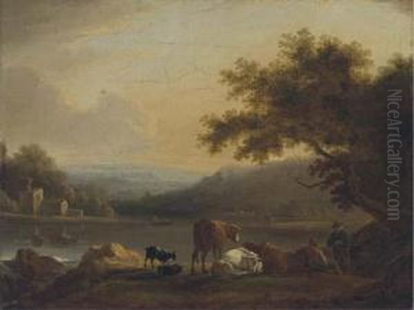 Figures And Cattle On A River Bank At Evening Oil Painting by Frederick William Hulme