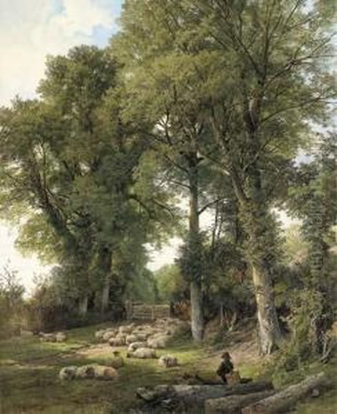 Sheep Resting In A Woodland Glade, A Traveller Looking On Oil Painting by Frederick William Hulme