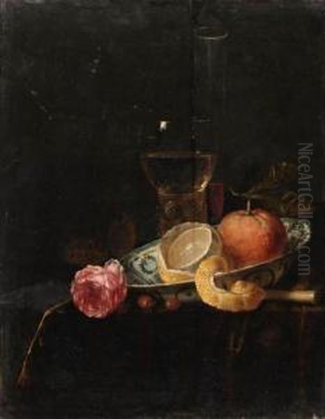 A Partly Peeled Lemon And An 
Orange In A Blue And White Wanli'kraak' Porselein Dish, A Roemer A 
Wineglass And A Rose On A Drapedtable Oil Painting by Gillis Jacobsz. Hulsdonck